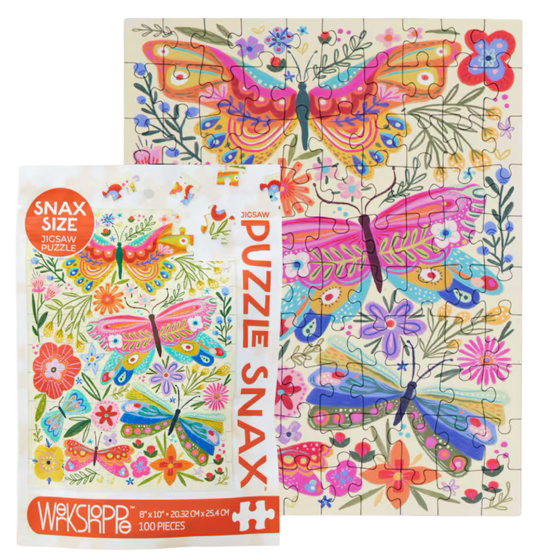 Colorful butterfly and flower puzzle with packaging on a white background