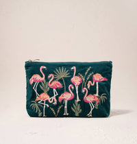 Elizabeth Scarlett London - Flamingos Everyday Pouch: Emerald / Velvet