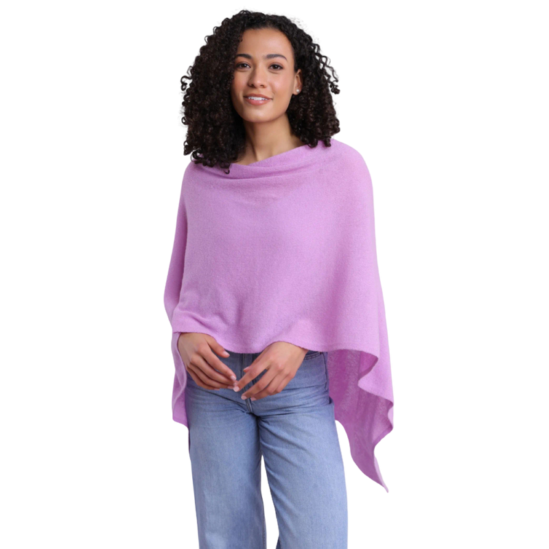 cashmere topper, orchid cashmere wrap, luxury cashmere poncho, cashmere gift idea, versatile cashmere layer, travel cashmere topper, soft cashmere sweater wrap, women’s cashmere accessory