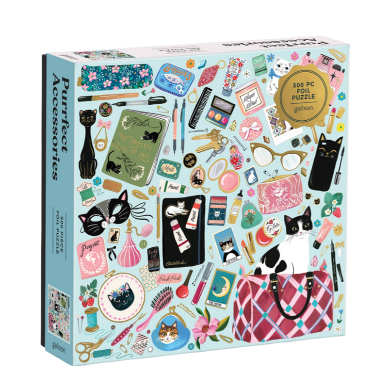 cat lover puzzle, fashion puzzle, foil puzzle, Galison puzzle, 500 piece jigsaw, cat accessory puzzle, stylish jigsaw puzzle, illustrated cat puzzle, gift for puzzle lovers, cat-themed gifts