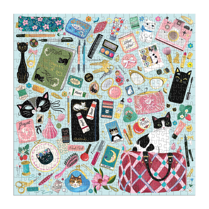 cat lover puzzle, fashion puzzle, foil puzzle, Galison puzzle, 500 piece jigsaw, cat accessory puzzle, stylish jigsaw puzzle, illustrated cat puzzle, gift for puzzle lovers, cat-themed gifts