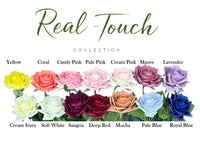 Color swatch of 'Real Touch' flower collection with various rose colors on a white background.