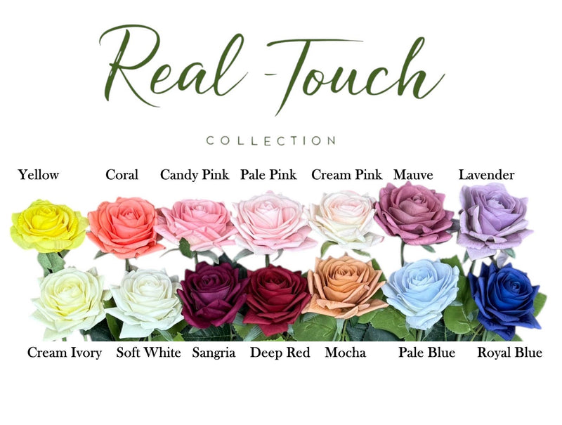 Color swatch of 'Real Touch' flower collection with various rose colors on a white background.