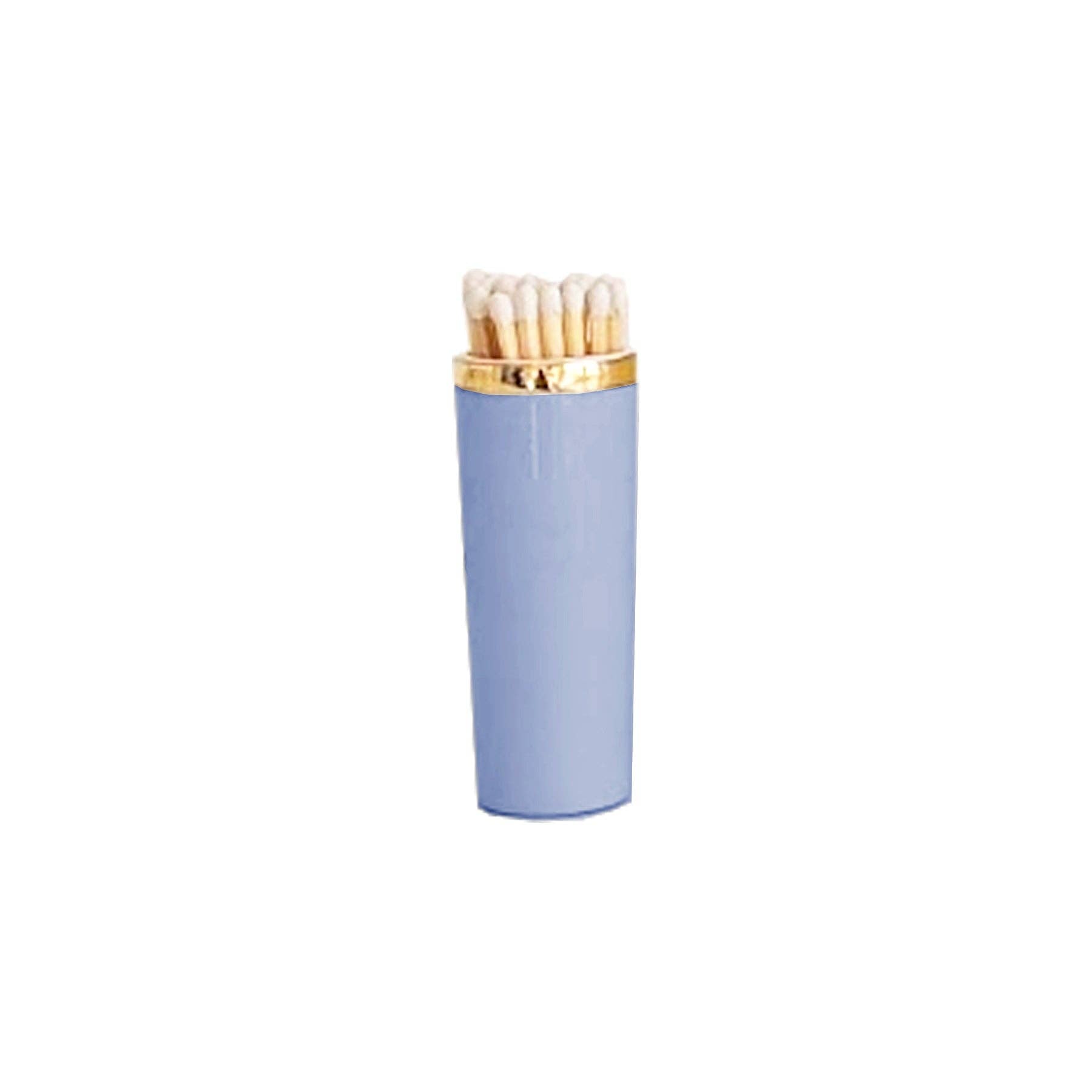Light blue matchbox with gold cap on a white background