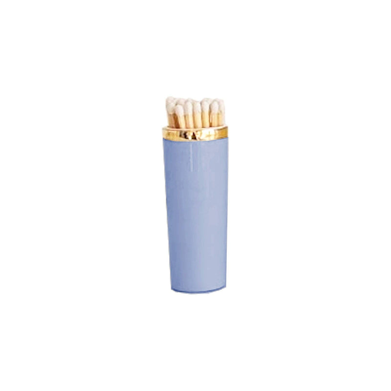 Light blue matchbox with gold cap on a white background