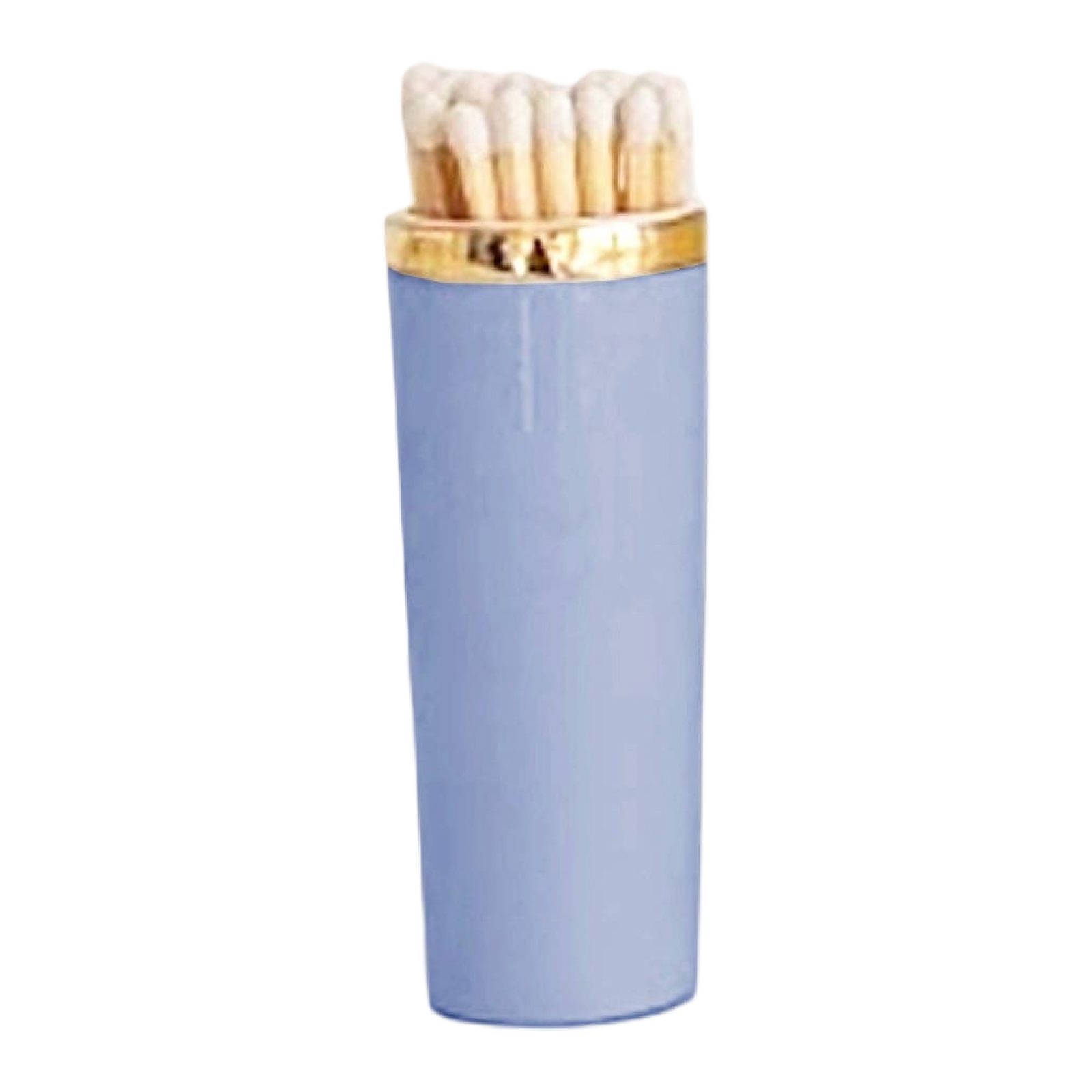 Light blue matchbox with gold cap on a white background