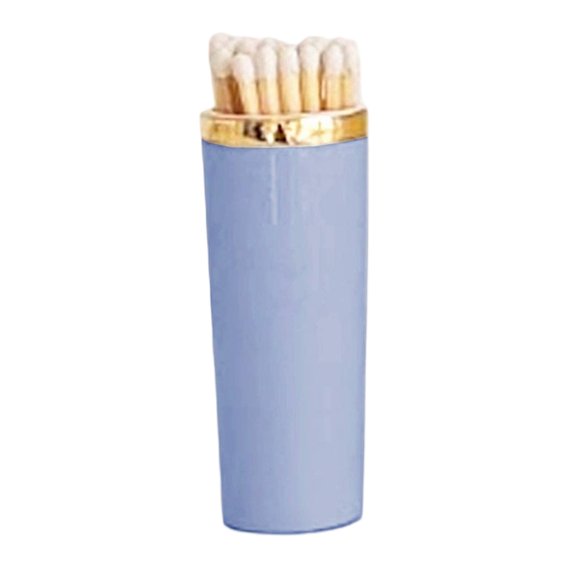 Light blue matchbox with gold cap on a white background