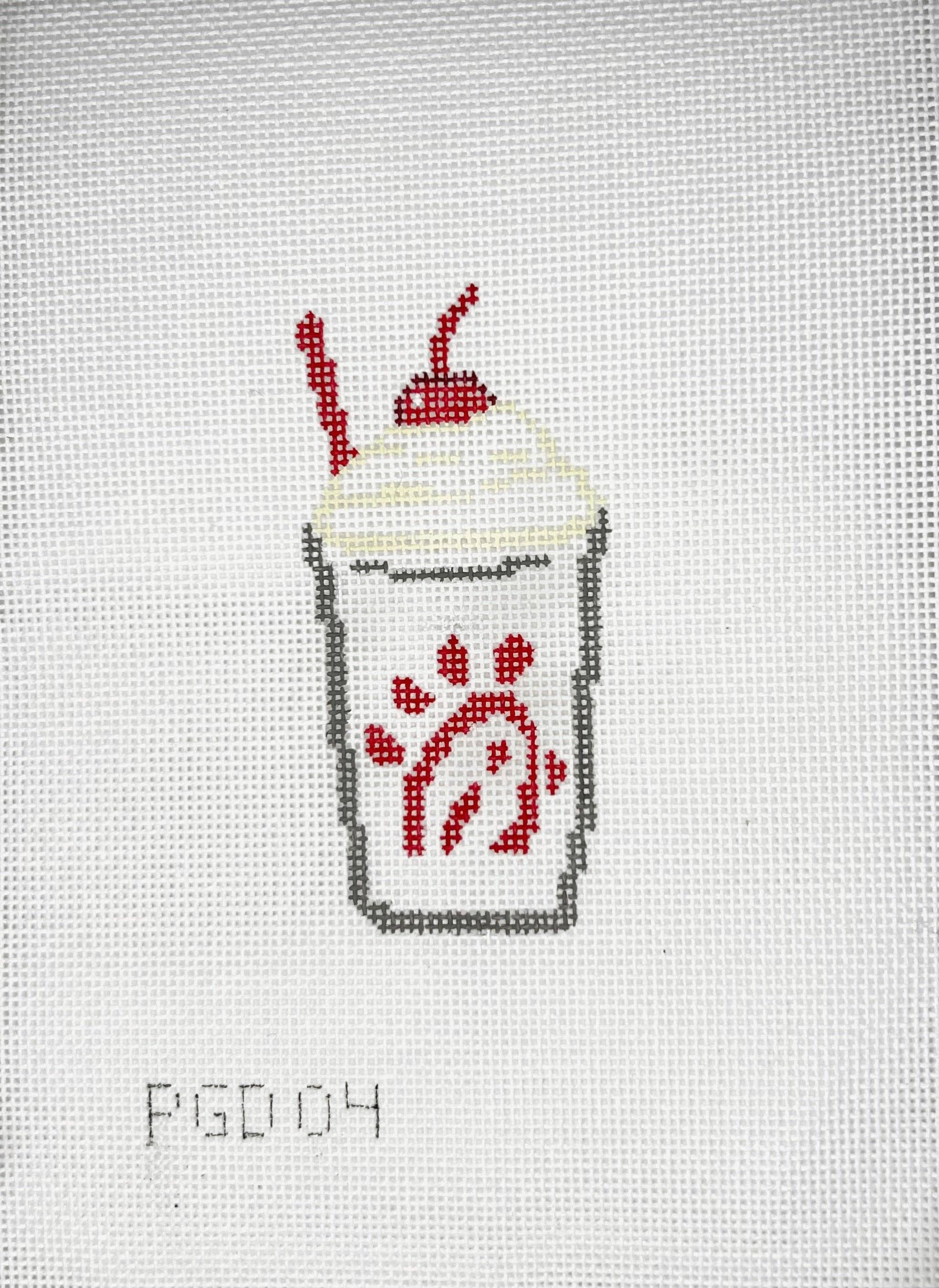 cfa needlepoint canvas, peppermint milkshake needlepoint, handpainted holiday canvas, 18 mesh needlepoint, christmas needlepoint design, foodie needlepoint canvas, chiki fil a inspired needlepoint, diy holiday stitch