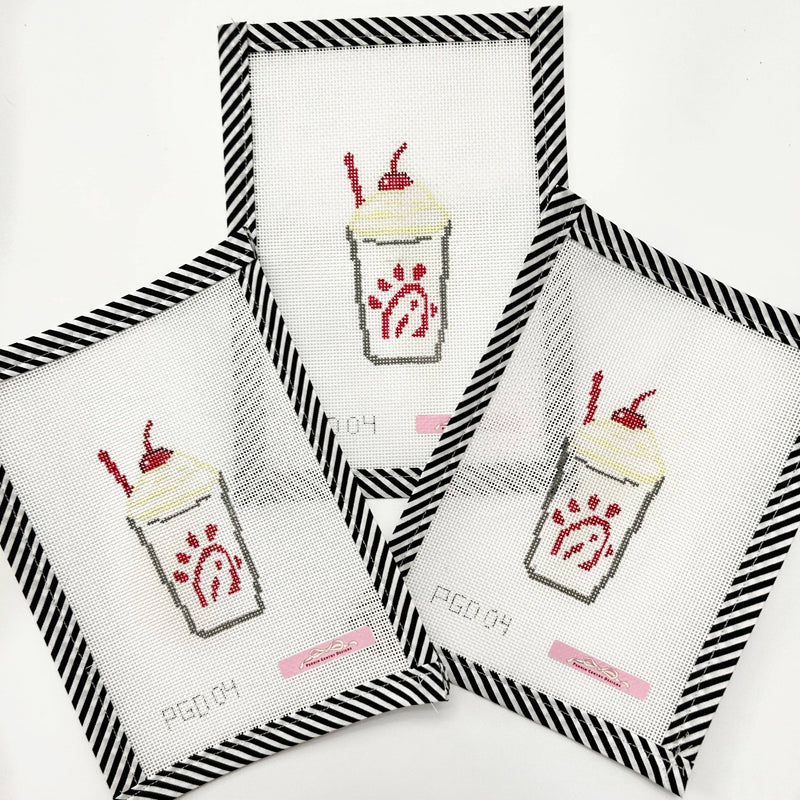 cfa needlepoint canvas, peppermint milkshake needlepoint, handpainted holiday canvas, 18 mesh needlepoint, christmas needlepoint design, foodie needlepoint canvas, chiki fil a inspired needlepoint, diy holiday stitch