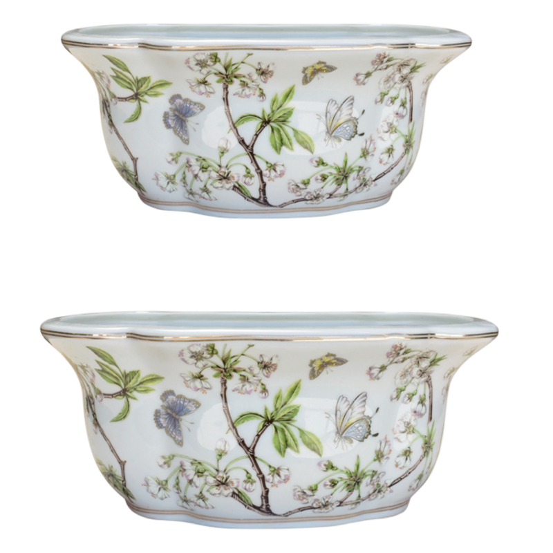 cherry blossoms planter, porcelain oval planter, garden planters, indoor outdoor planters, floral ceramic planter, decorative plant pot, oval flower pot, set of 2 planters, blue and white garden decor, cherry blossom decor