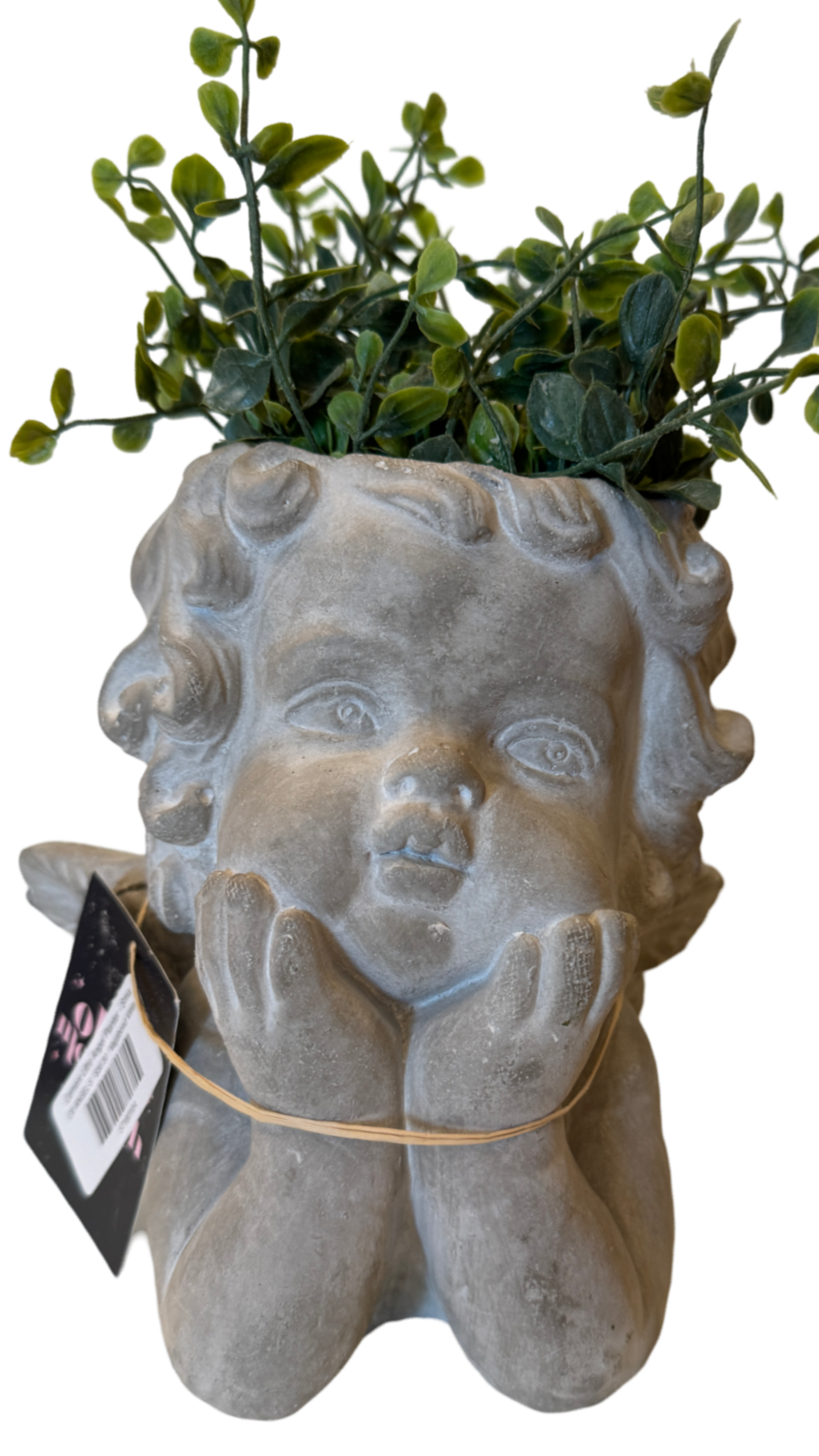 cherub planter, angel cement planter, small angel garden pot, cement cherub home decor, decorative angel flower pot, little angel succulent planter, vintage-style cement planter, indoor outdoor cherub planter, classic angel statue pot, concrete angel container