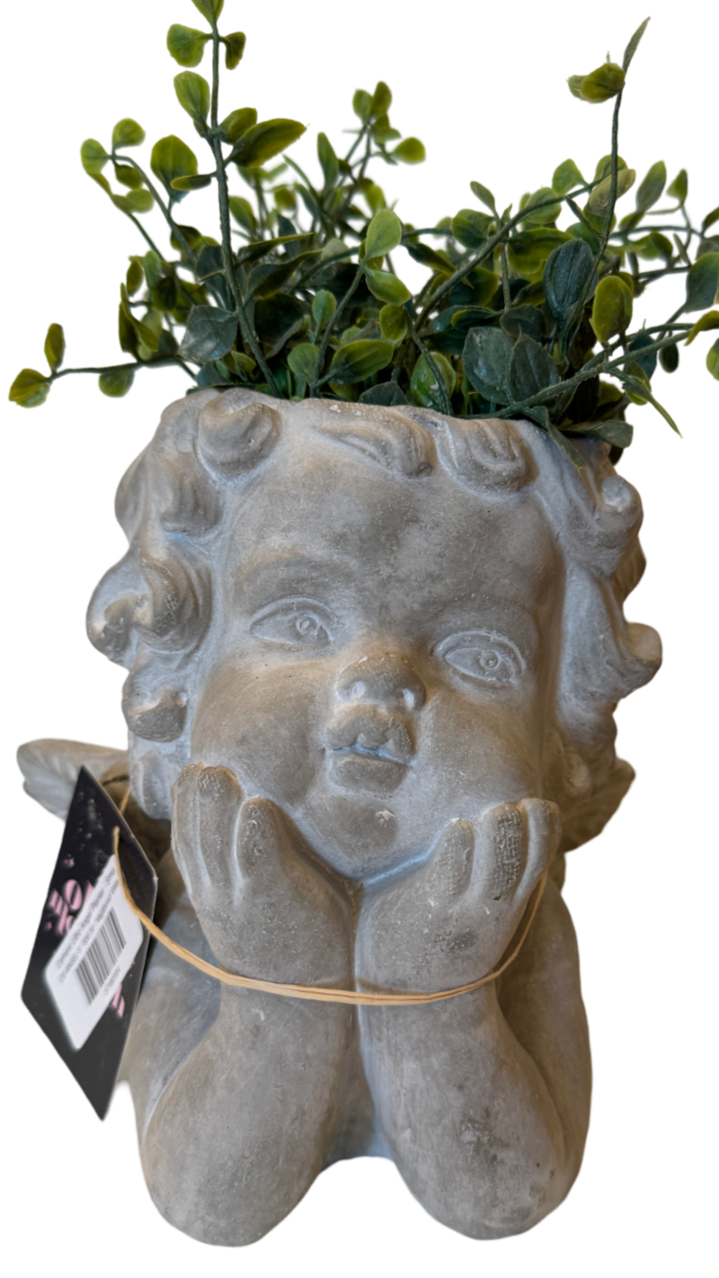 cherub planter, angel cement planter, small angel garden pot, cement cherub home decor, decorative angel flower pot, little angel succulent planter, vintage-style cement planter, indoor outdoor cherub planter, classic angel statue pot, concrete angel container