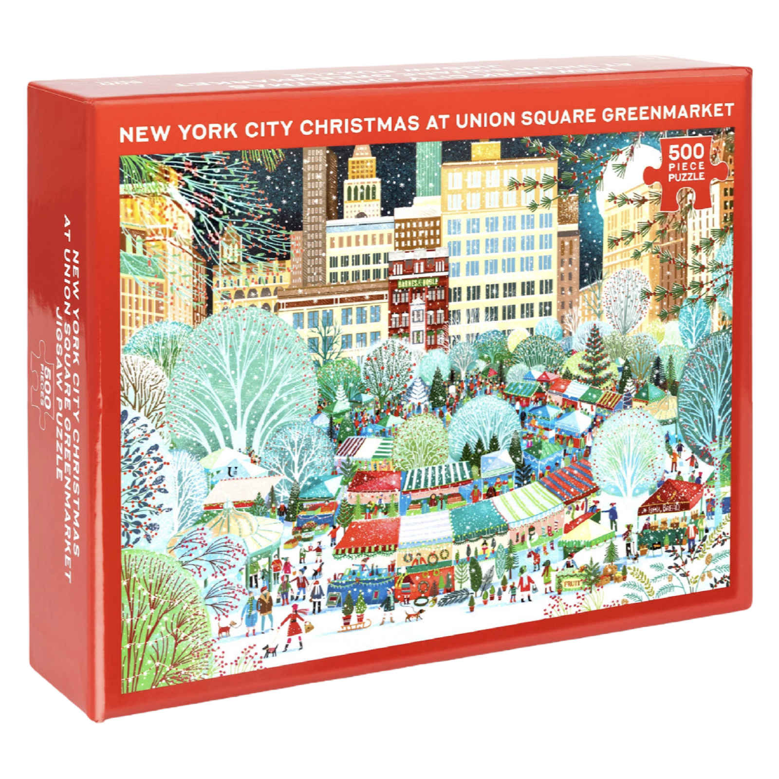 christmas puzzle, new york city puzzle, union square puzzle, holiday jigsaw, 500 piece puzzle, nyc greenmarket, winter puzzle, christmas gift ideas, illustrated puzzle, cozy holiday activities
