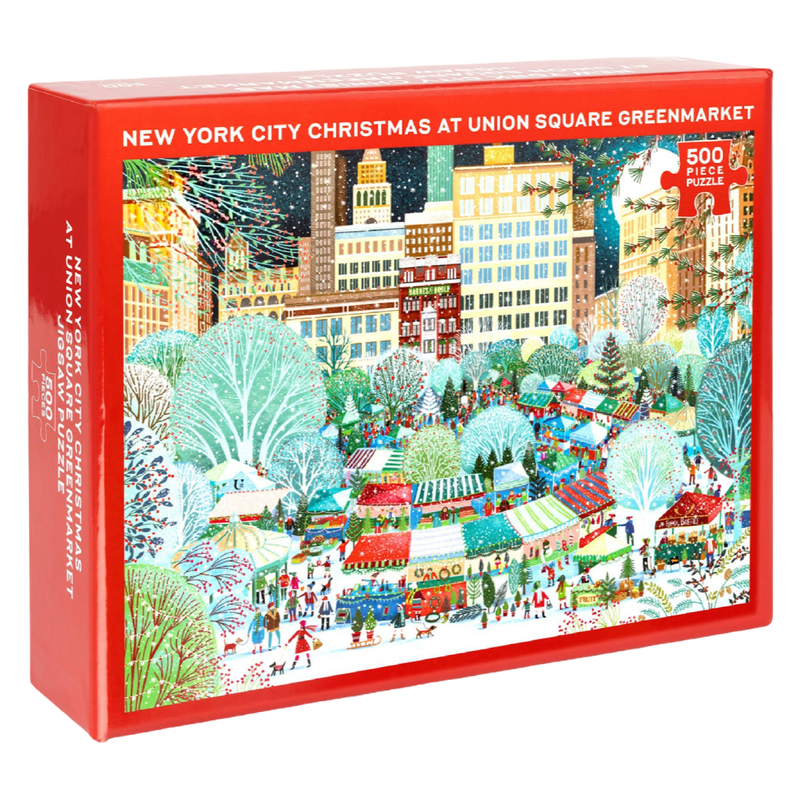 christmas puzzle, new york city puzzle, union square puzzle, holiday jigsaw, 500 piece puzzle, nyc greenmarket, winter puzzle, christmas gift ideas, illustrated puzzle, cozy holiday activities
