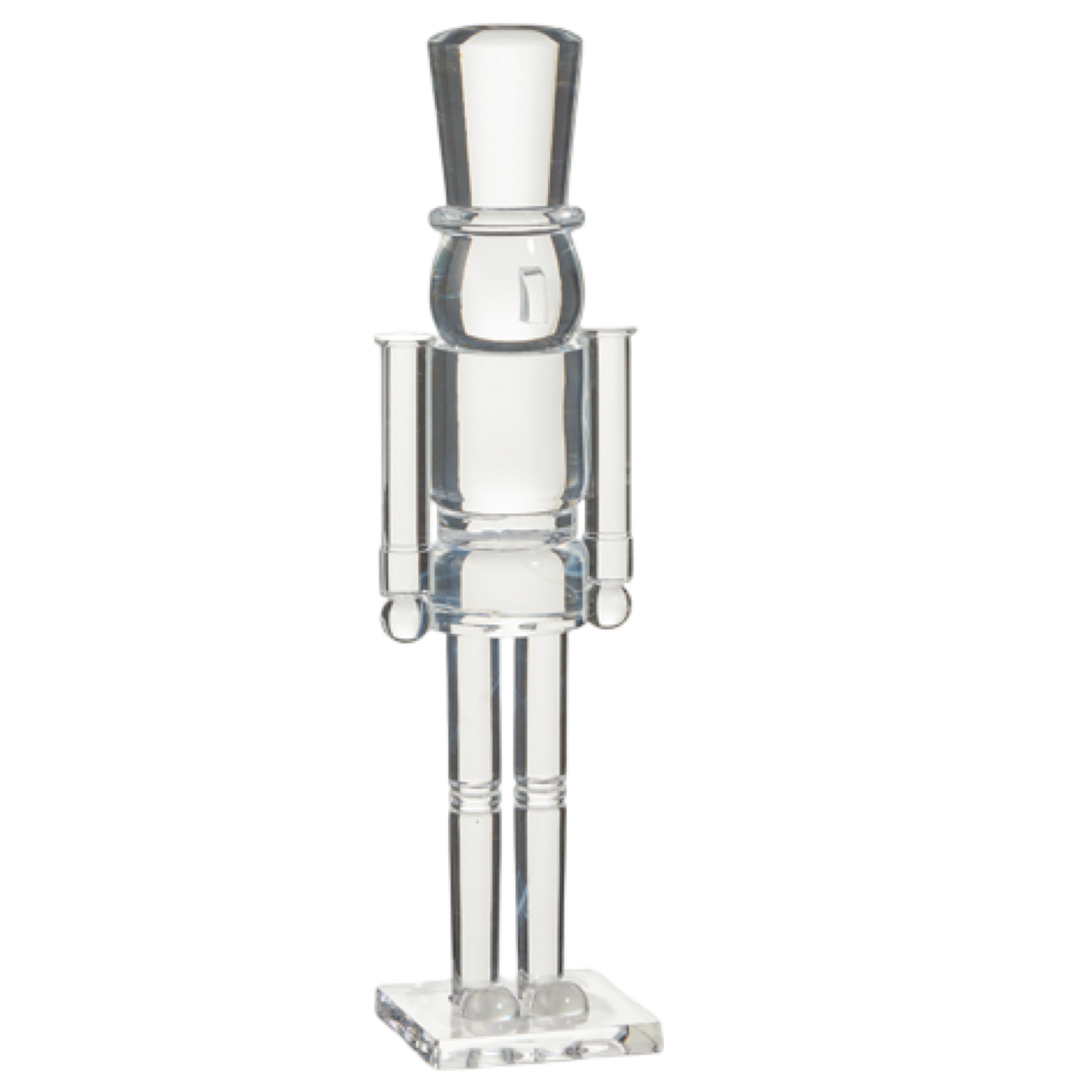 Clear glass nutcracker figure on a white background