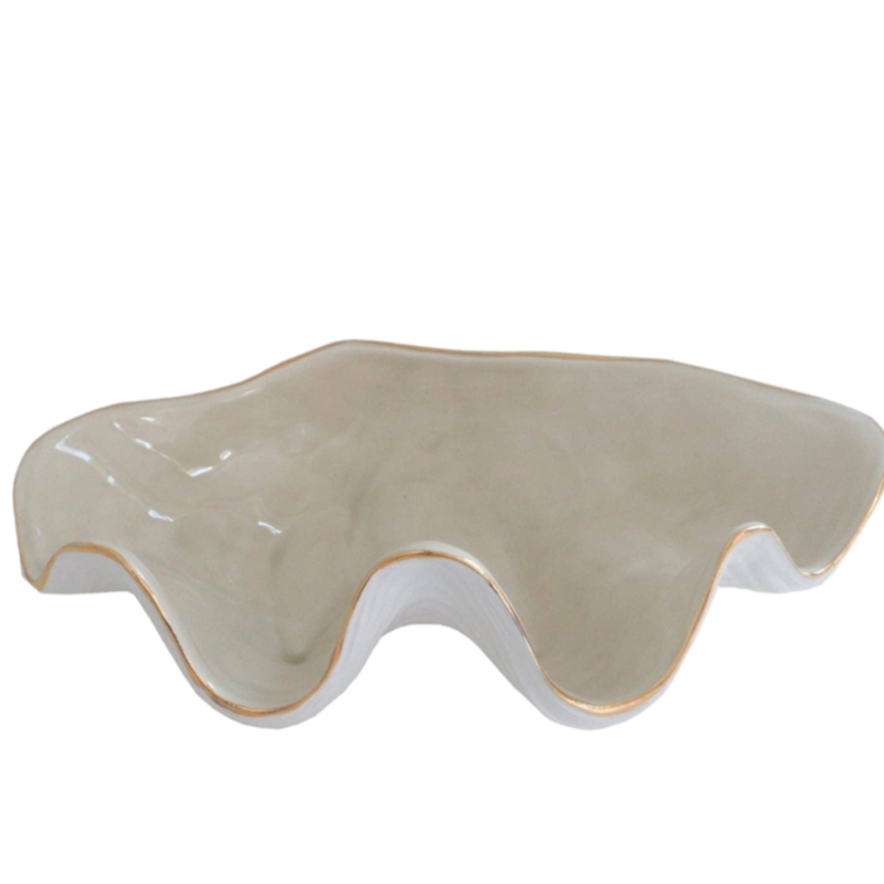 coastal decor, clam shell bowl, decorative bowl, jewelry display, 22K gold accent, handcrafted in Oklahoma, summer decor, artistic home accents, nautical elegance.