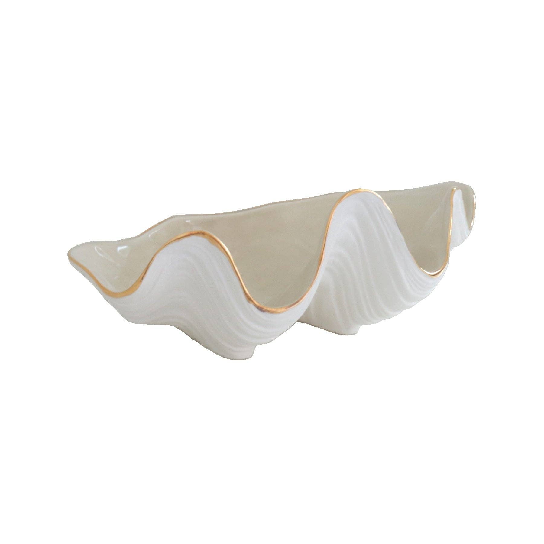 coastal decor, clam shell bowl, decorative bowl, jewelry display, 22K gold accent, handcrafted in Oklahoma, summer decor, artistic home accents, nautical elegance.