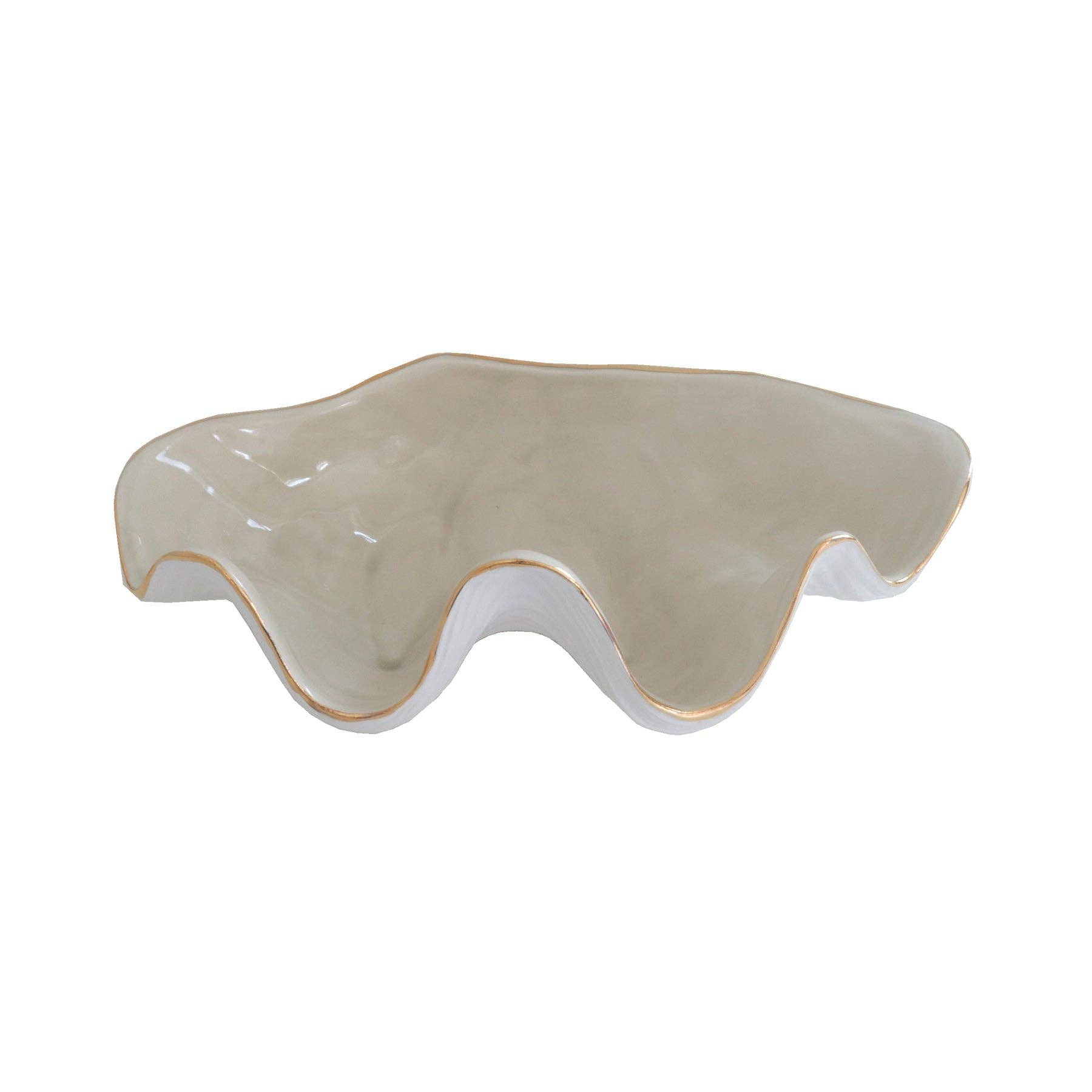 coastal decor, clam shell bowl, decorative bowl, jewelry display, 22K gold accent, handcrafted in Oklahoma, summer decor, artistic home accents, nautical elegance.
