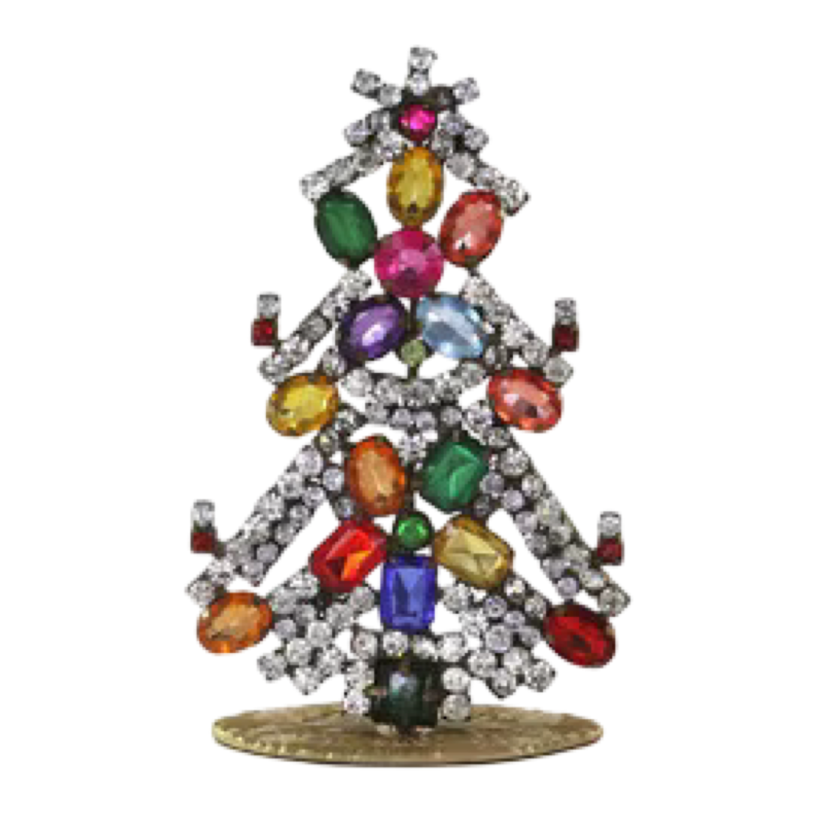 Decorative Christmas tree ornament with multicolored gemstones on a white background