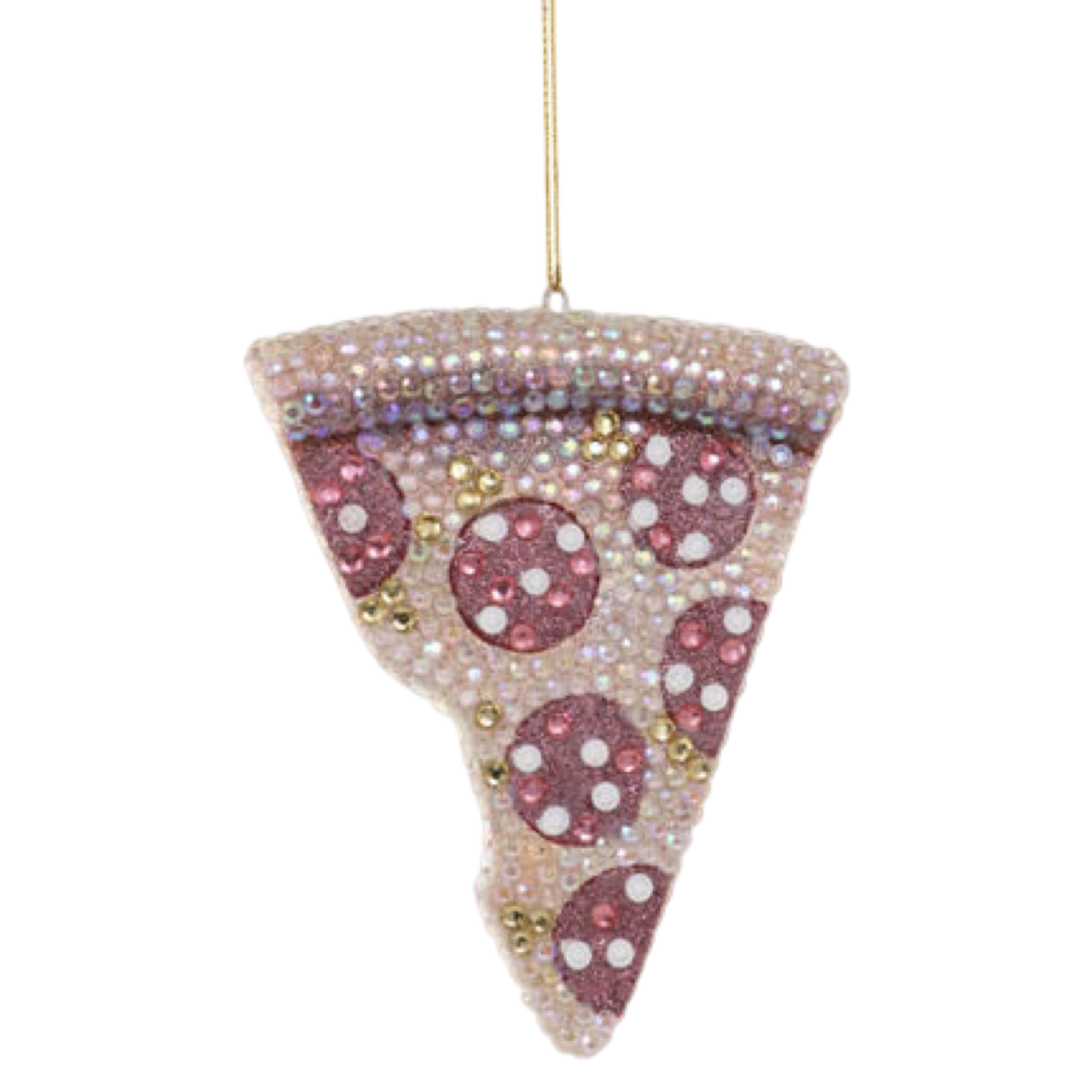 Decorative pizza slice ornament with beads on a white background