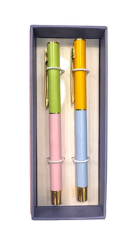 
colorblock pen set, lilac and cornflower pens, stylish ballpoint pens, matte finish pens, gold accent writing pens, colorful office supplies, fine tip desk pens, cute pen set gift, designer pens for journaling, fun writing accessories