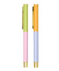 
colorblock pen set, lilac and cornflower pens, stylish ballpoint pens, matte finish pens, gold accent writing pens, colorful office supplies, fine tip desk pens, cute pen set gift, designer pens for journaling, fun writing accessories

