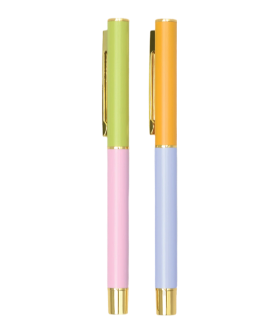 
colorblock pen set, lilac and cornflower pens, stylish ballpoint pens, matte finish pens, gold accent writing pens, colorful office supplies, fine tip desk pens, cute pen set gift, designer pens for journaling, fun writing accessories

