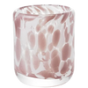 Glass tumbler with pink and white marbled pattern on a white background