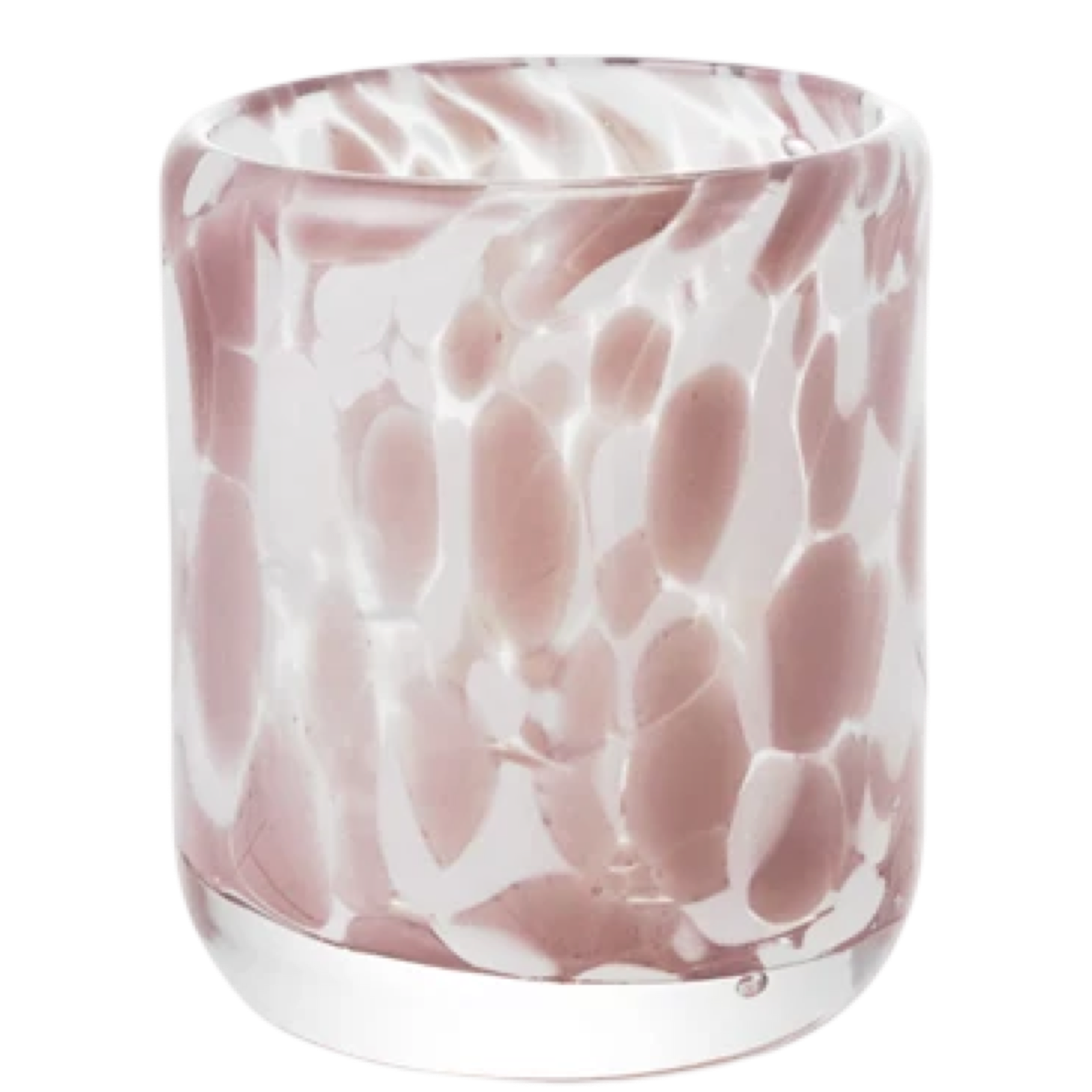 Glass tumbler with pink and white marbled pattern on a white background