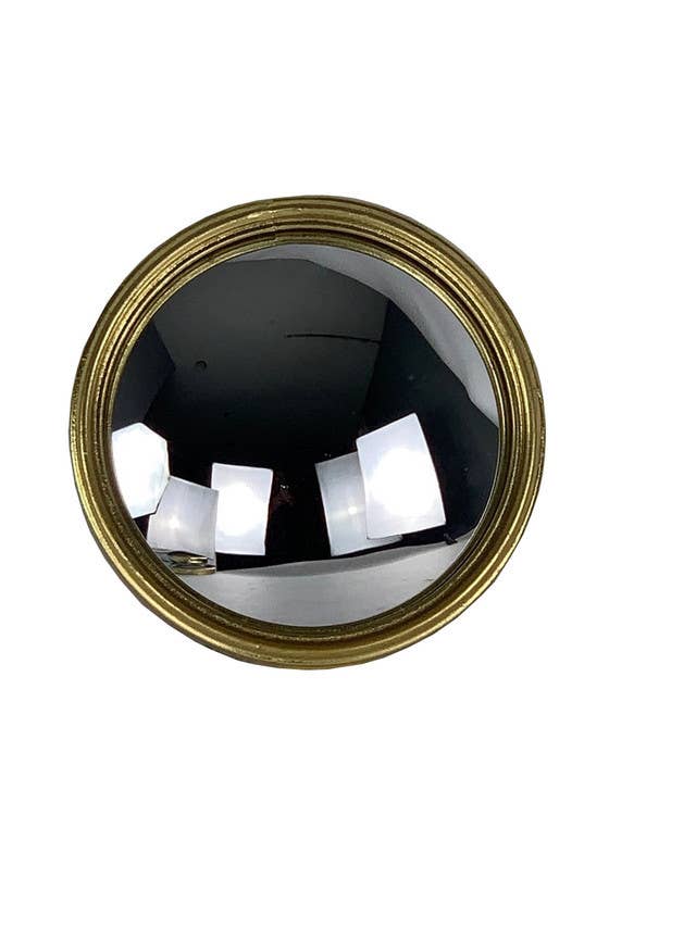 convex bullseye mirror, extra small gold wall mirror, Vagabond Vintage convex mirror, gold leaf decorative mirror, fish-eye effect mirror, round convex metal mirror, antique style wall accent, vintage inspired gold mirror, small statement mirror, stanton bullseye mirror