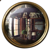 convex bullseye mirror, extra small gold wall mirror, Vagabond Vintage convex mirror, gold leaf decorative mirror, fish-eye effect mirror, round convex metal mirror, antique style wall accent, vintage inspired gold mirror, small statement mirror, stanton bullseye mirror
