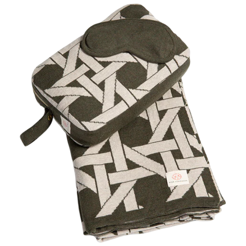 cotton eye mask set, sustainable travel blanket, cozy blanket for flights, organic travel essentials