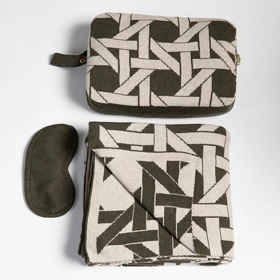 cotton eye mask set, sustainable travel blanket, cozy blanket for flights, organic travel essentials