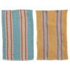 Two striped fabric towels, one blue and orange, the other yellow and pink, on a white background.
