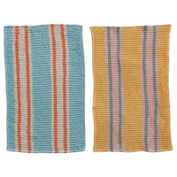 Two striped fabric towels, one blue and orange, the other yellow and pink, on a white background.