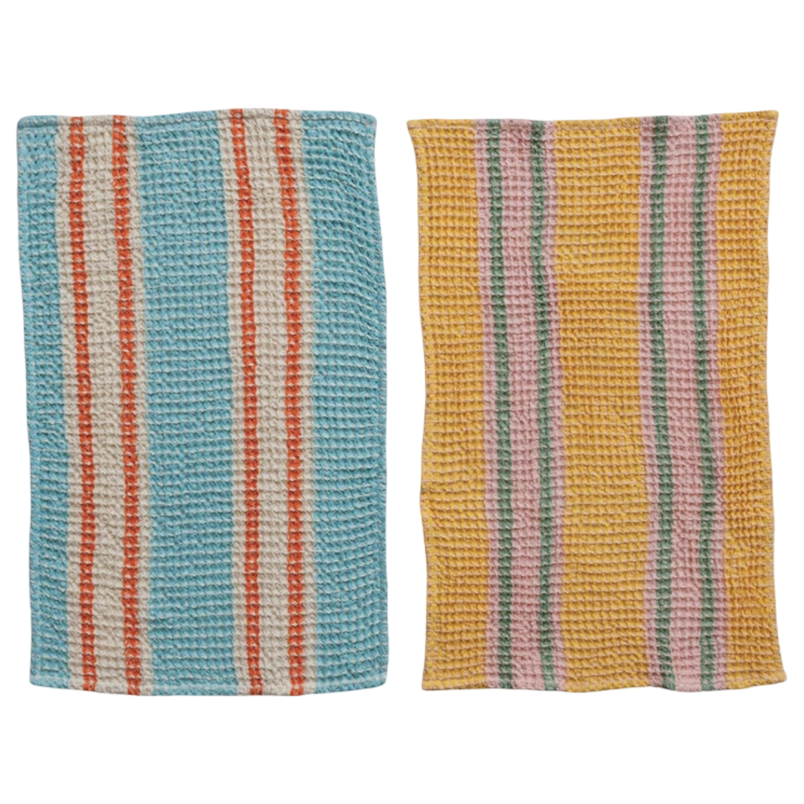 Two striped fabric towels, one blue and orange, the other yellow and pink, on a white background.