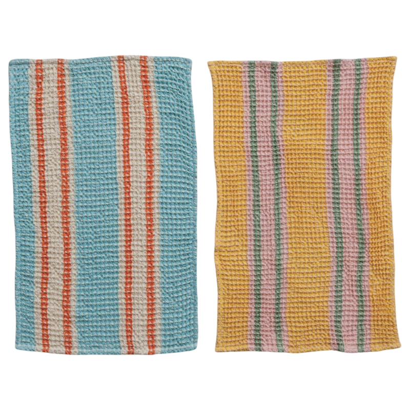 Two striped fabric towels, one blue and orange, the other yellow and pink, on a white background.