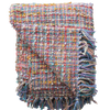 Multicolored woven blanket with fringes on a white background