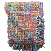 Multicolored woven blanket with fringes on a white background