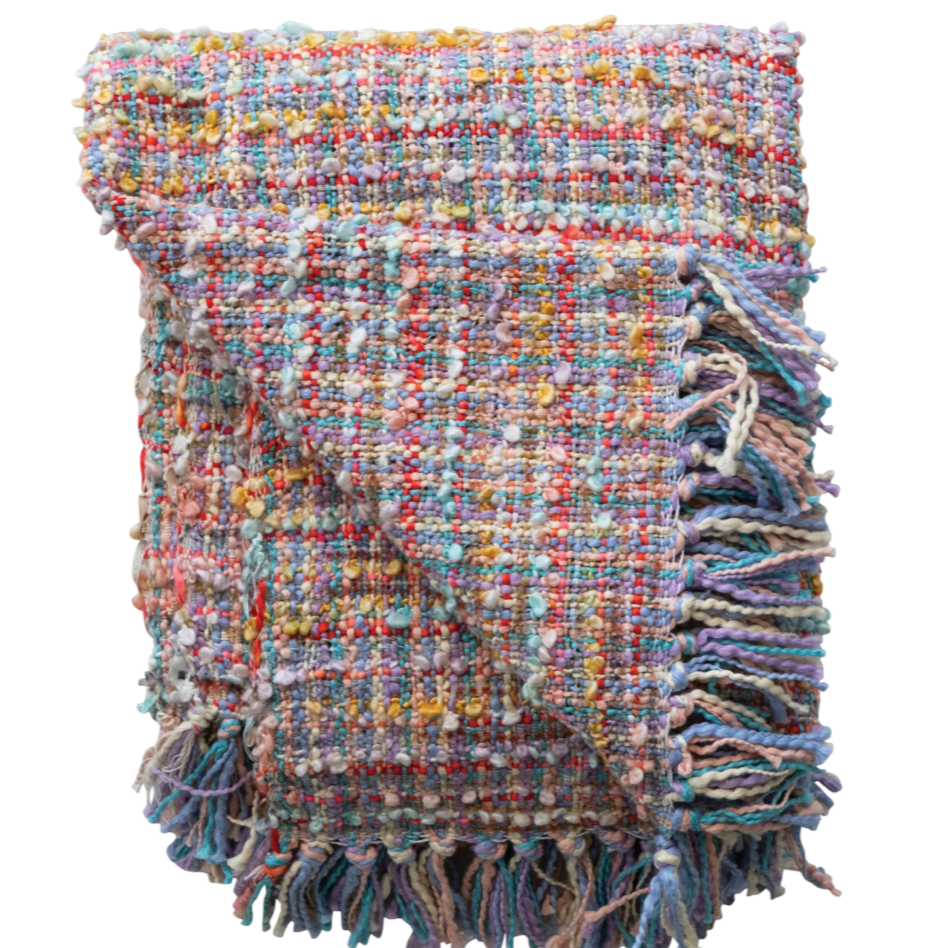 Multicolored woven blanket with fringes on a white background