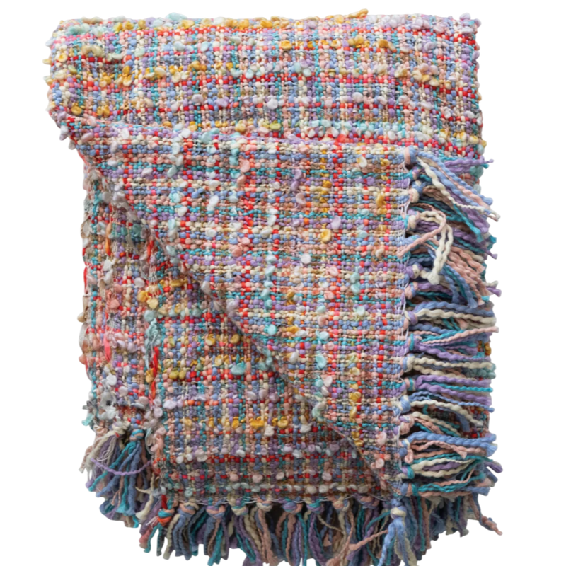 Multicolored woven blanket with fringes on a white background