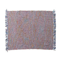 Multicolored woven placemat with fringes on a white background