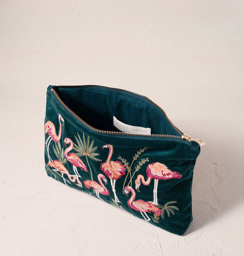 Elizabeth Scarlett London - Flamingos Everyday Pouch: Emerald / Velvet