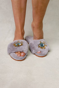 BEADED EVIL EYE SLIPPERS: Grey