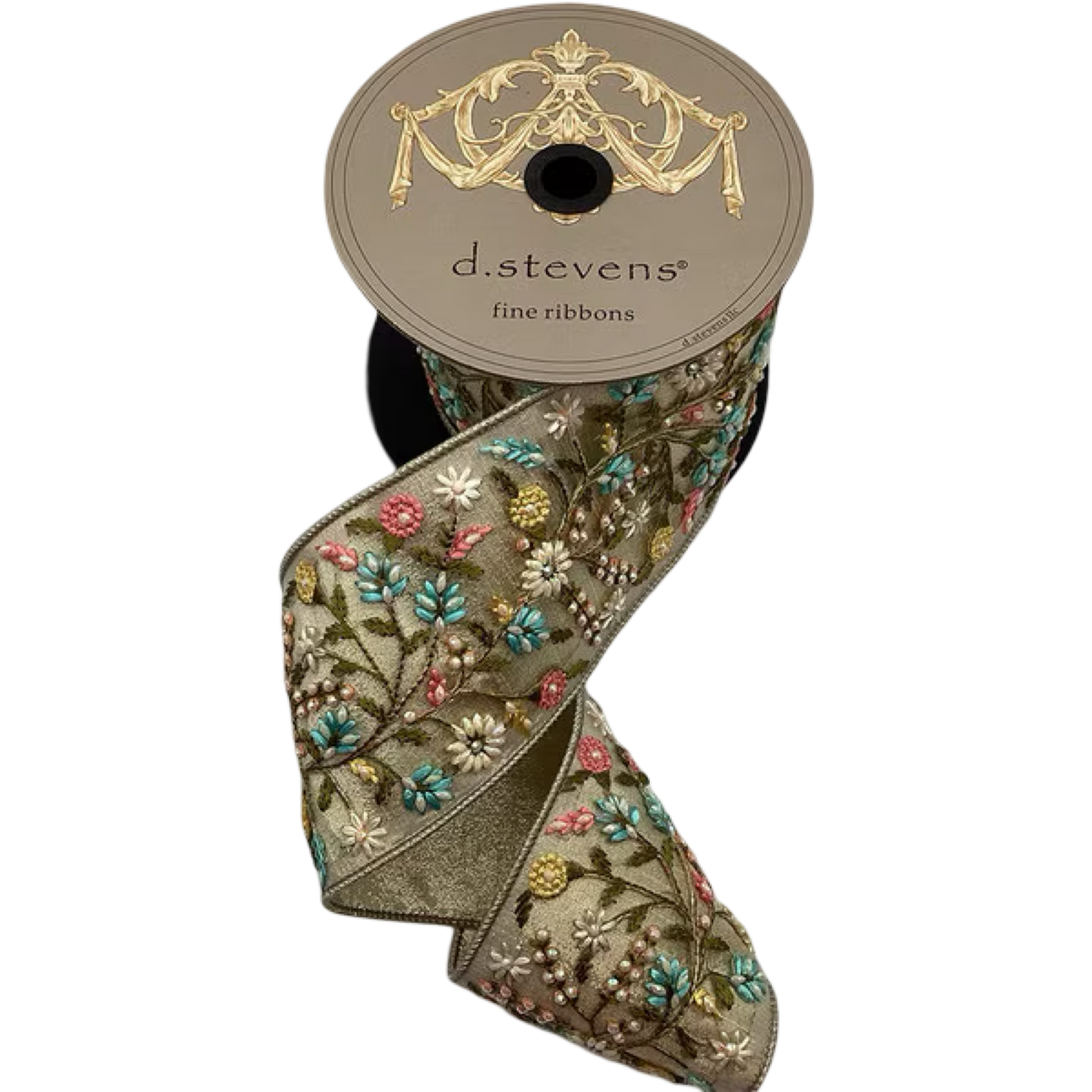 d stevens ribbon, luxury ribbon, jeweled ribbon, floral applique ribbon, metallic dupion ribbon, premium holiday ribbon, designer ribbon, platinum ribbon, pink blue ribbon, wreath ribbon, tree ribbon, holiday decor ribbon