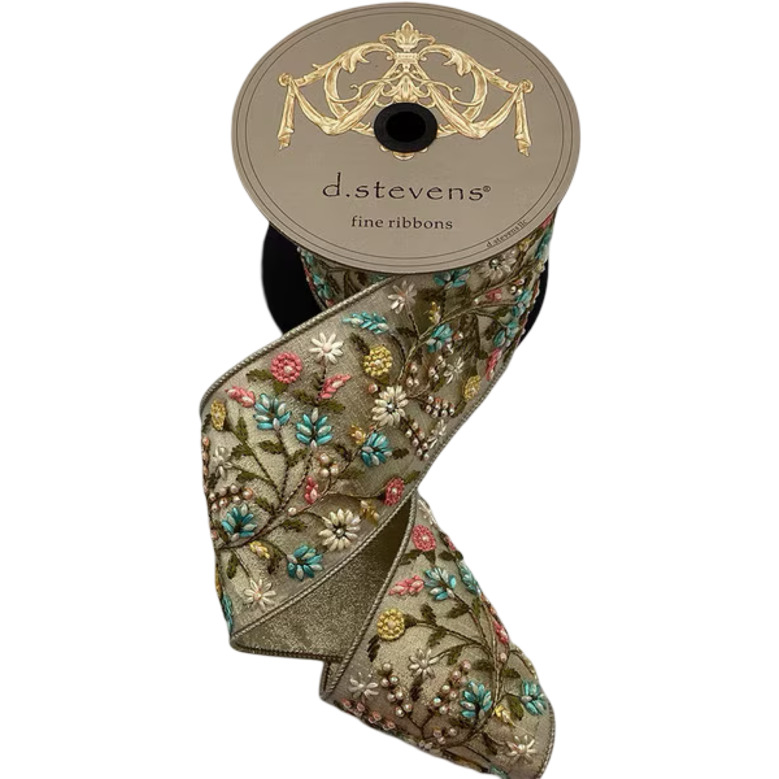 d stevens ribbon, luxury ribbon, jeweled ribbon, floral applique ribbon, metallic dupion ribbon, premium holiday ribbon, designer ribbon, platinum ribbon, pink blue ribbon, wreath ribbon, tree ribbon, holiday decor ribbon