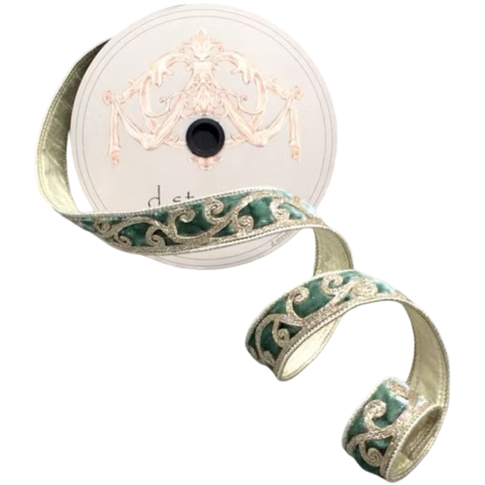 Decorative ribbon spool with green and gold design on a white background