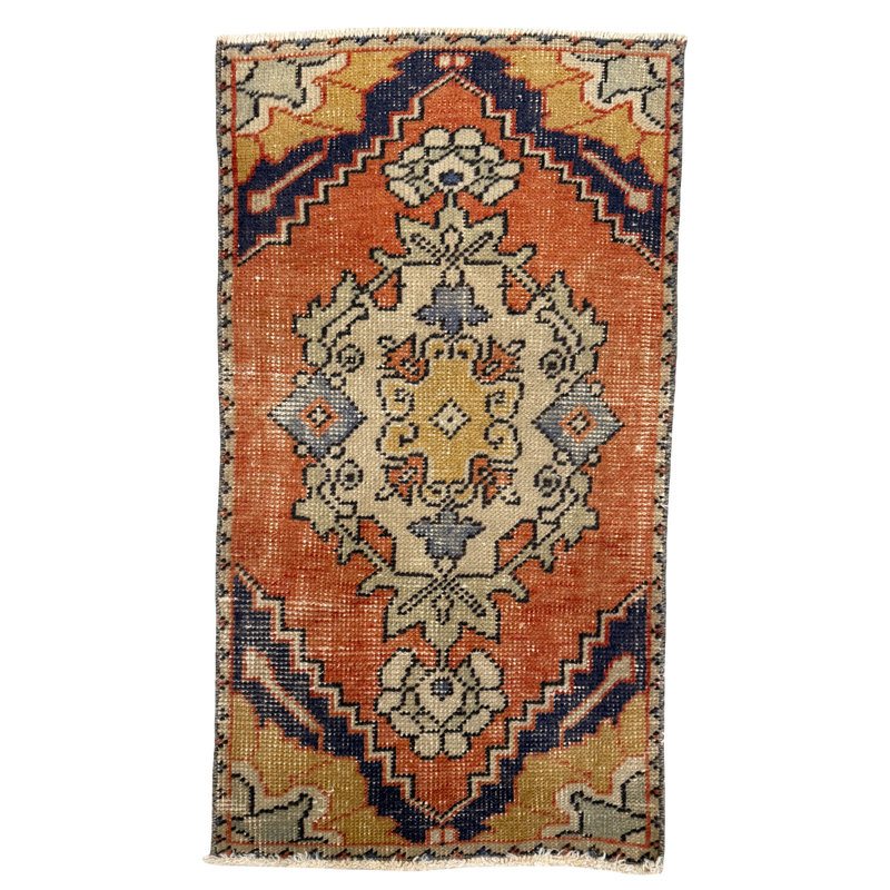 decorative vintage turkish mini rug blue navy  burnt orange green 