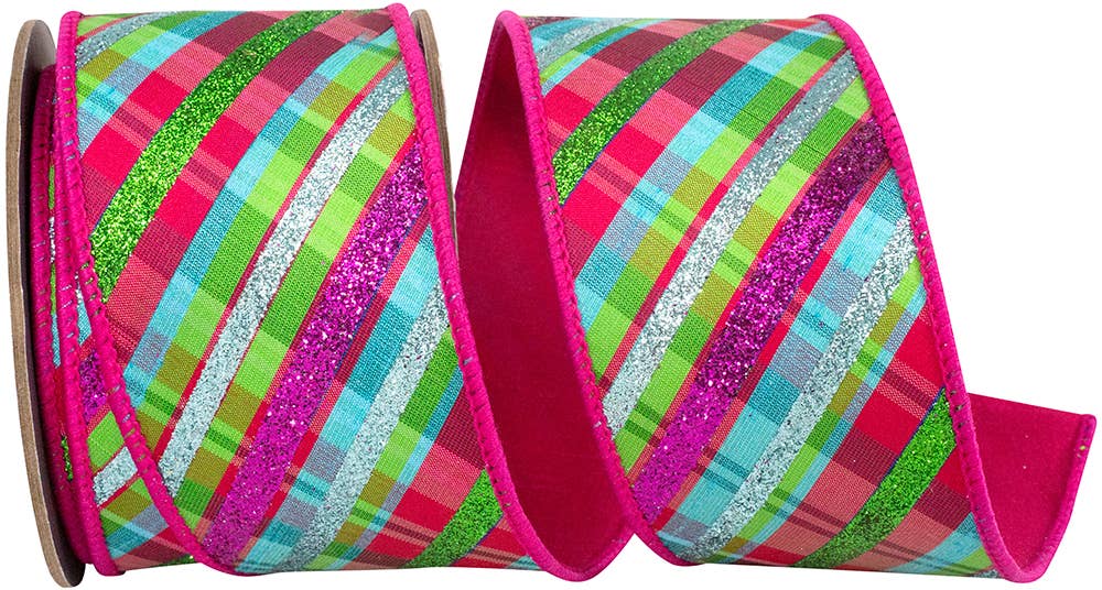 Glitter Diagonal Bright Plaid, Fuchsia, 2-1/2 In, 5 Yards