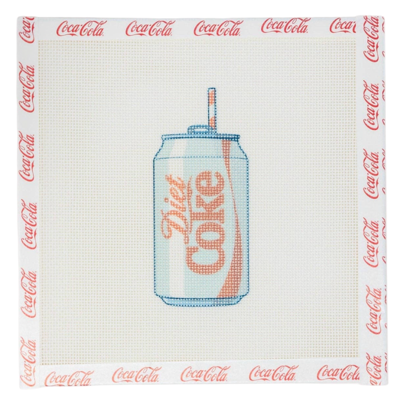 diet coke needlepoint, coca cola licensed needlepoint, soda can needlepoint canvas, pop culture stitch project, handpainted coca cola canvas, diet coke décor gift, licensed needlepoint design, diy coke stitch